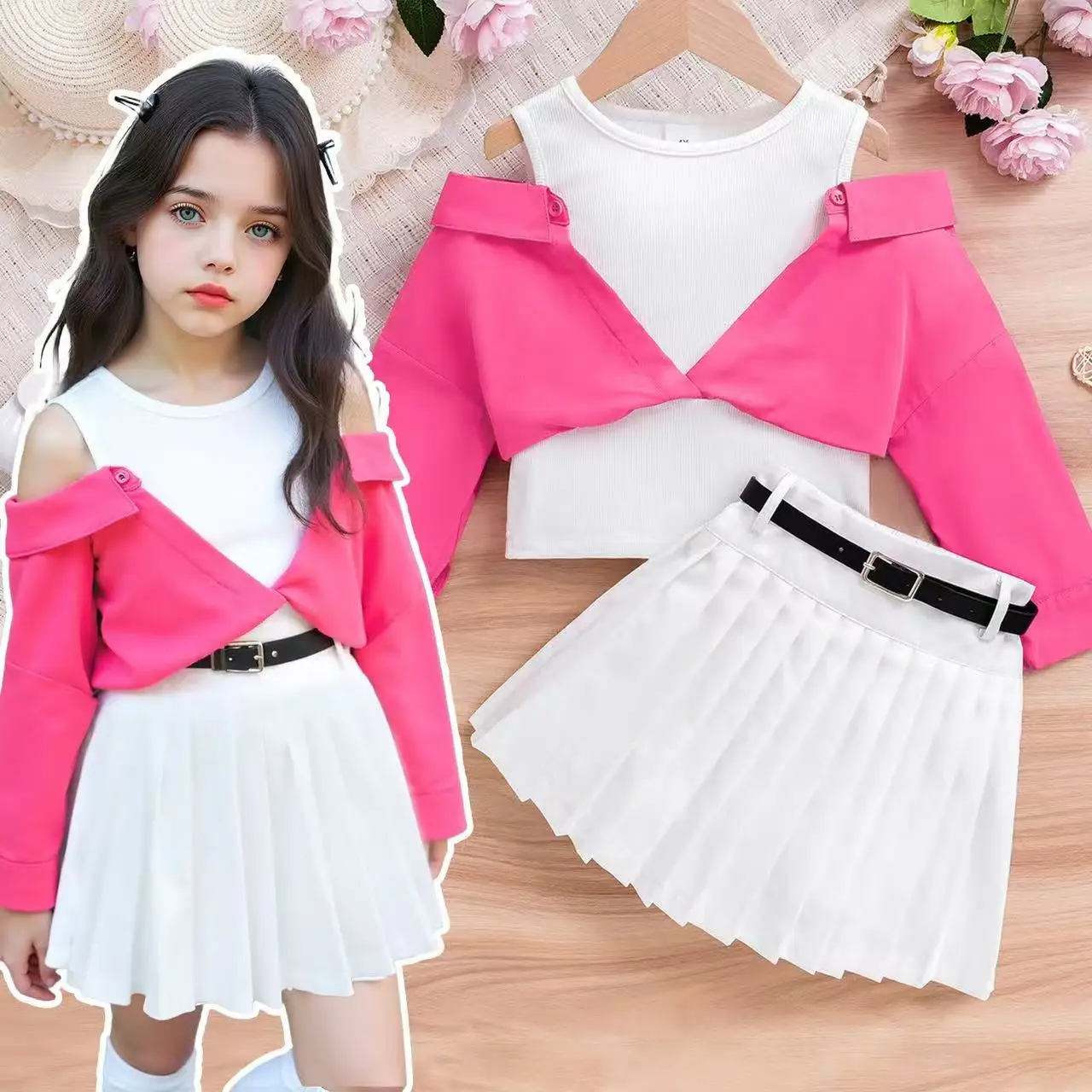 

2026 Summer New Girls 2 Piece Outfit Fake Long Sleeve Knit Top & Princess Pleated Skirt with Belt for 4-7Y