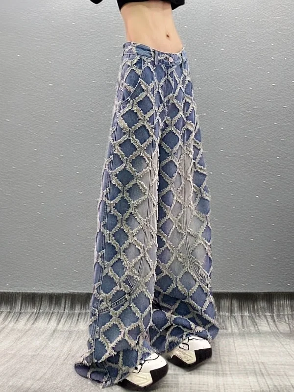 

High Waist Plaid Embroidered Wide Leg Jeans for Women Spring Season Casual Style Multi Pocket High Fashion Sensation Slimming...