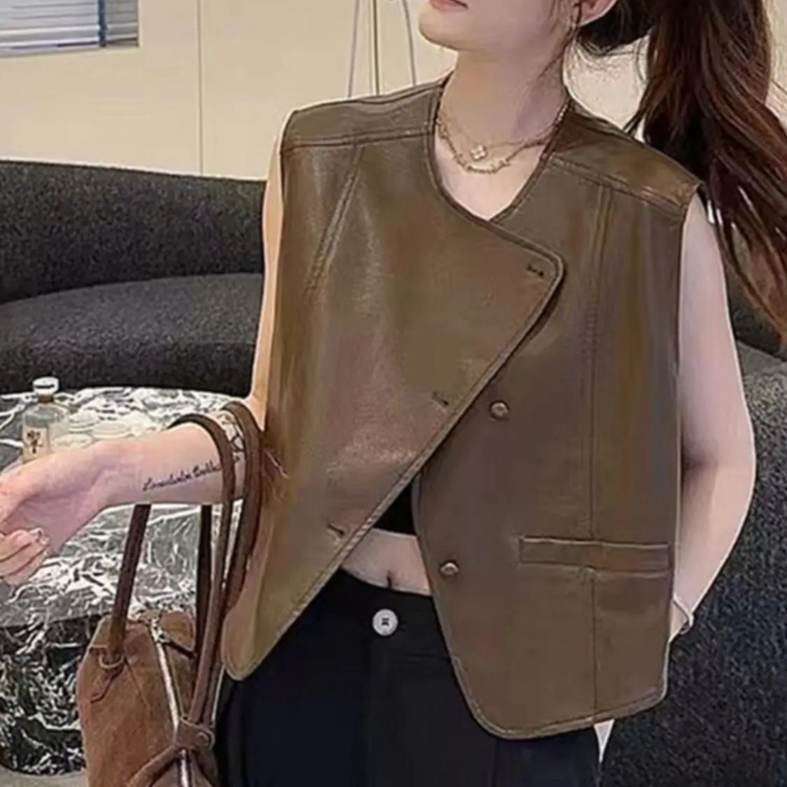 

Coffee colored double breasted soft leather vest cardigan for women's autumn casual retro black coats jacket E5329