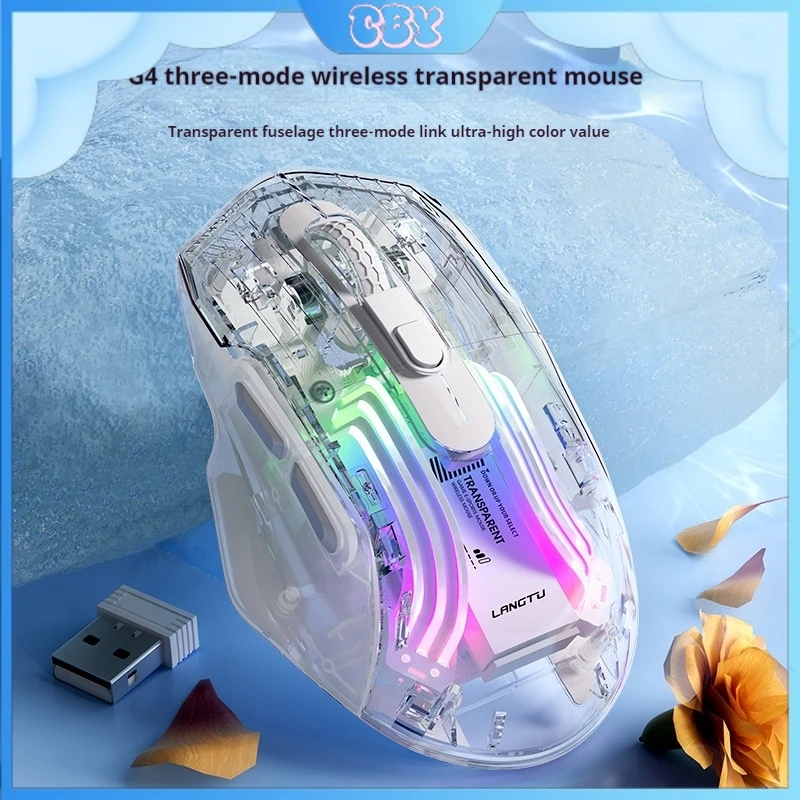 Wireless Bluetooth Transparent Rechargeable Mouse 2.4g Three-Mode Connection Rgb Lamp Ergonomic Design Is Widely Compatible