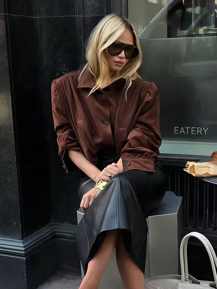 HH Women 2025 Autumn Vintage Suede Pleated Jacket Female Temperament Turtleneck Single-breasted Pockets Casual Short Coat