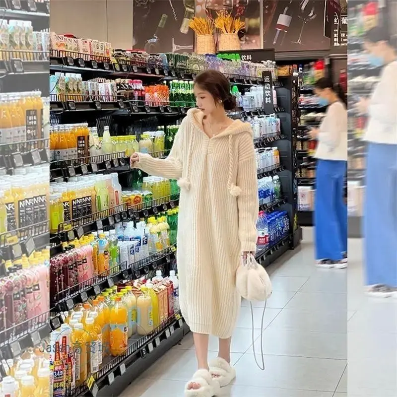 Bottom Hooded Knitted Dress with Lazy Winter Style Medium Long Loose Flesh Blocking Thick Dragon Fruit Colored Sweater Dresses