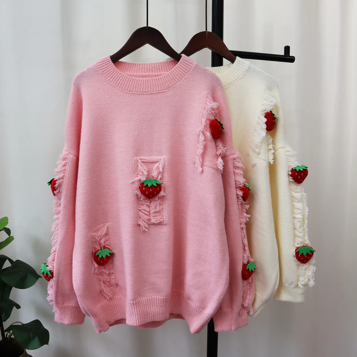 Hsa  2023 Sweet Strawberry Tassel Knitted O-neck Pullovers Women Slouchy Style Patchwork Jump Korean Solid Pull Sweater Tops