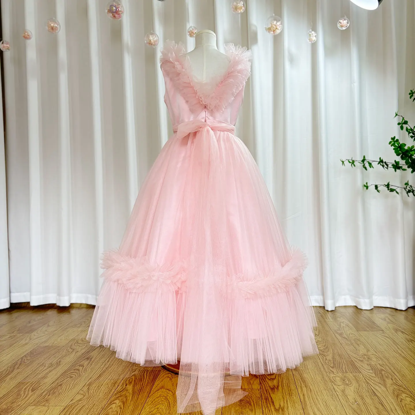 Jill Wish-Robe élégante rose à fleurs pour fille, col en V, à plusieurs niveaux, style dubaï, pour fête d'anniversaire, mariage, Rh, soirée, 2024, J116