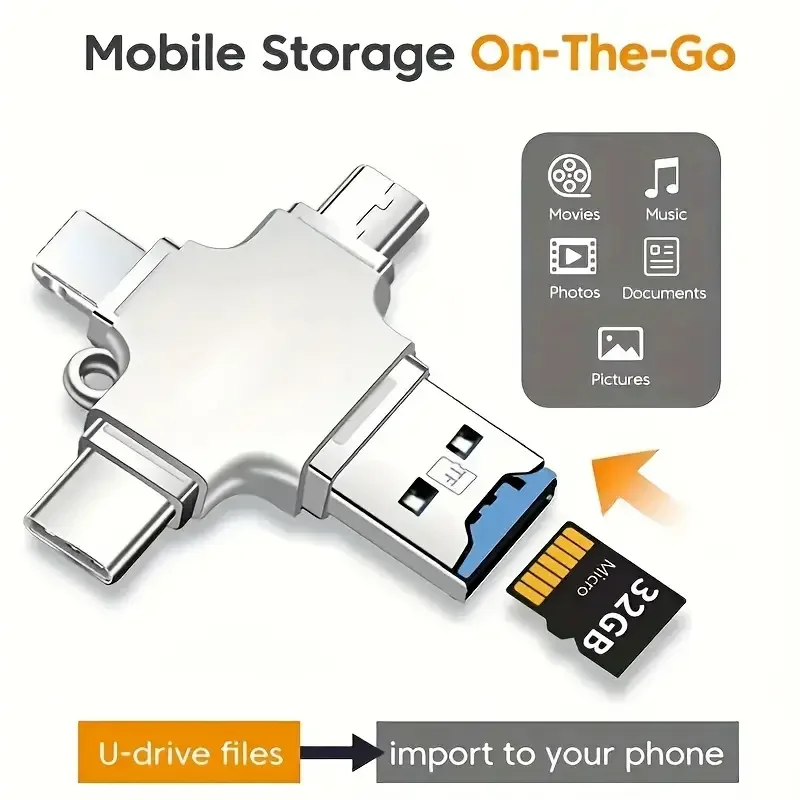 Lector de Tarjetas Multipuerto 4 en 1, Convertidor Portátil USB Tipo C Lightning, Compatible con iPhone, iPad, Android, Mac, PC, Cámara