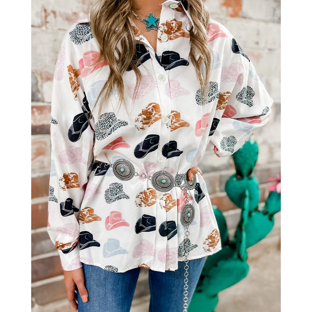 Autumn Women Hats Print Buttoned Decor Long Sleeve Top Fashion Casual Turn-down Collar Elegant Shirts Blouse Summer Wear