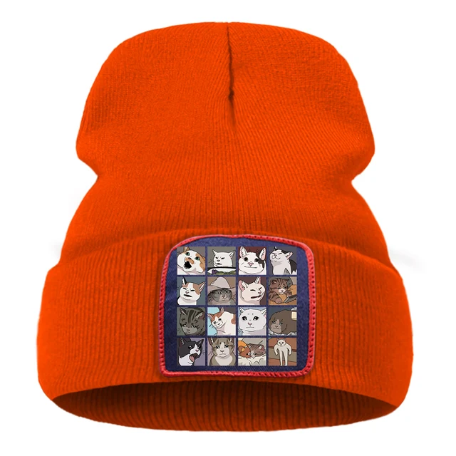 Meme Cats Prints Unisex Balaclava Hip Hop Creative Street Knitted Cap Simple Cartoons Cute Balaclava Autumn Winter Warm Men Hats