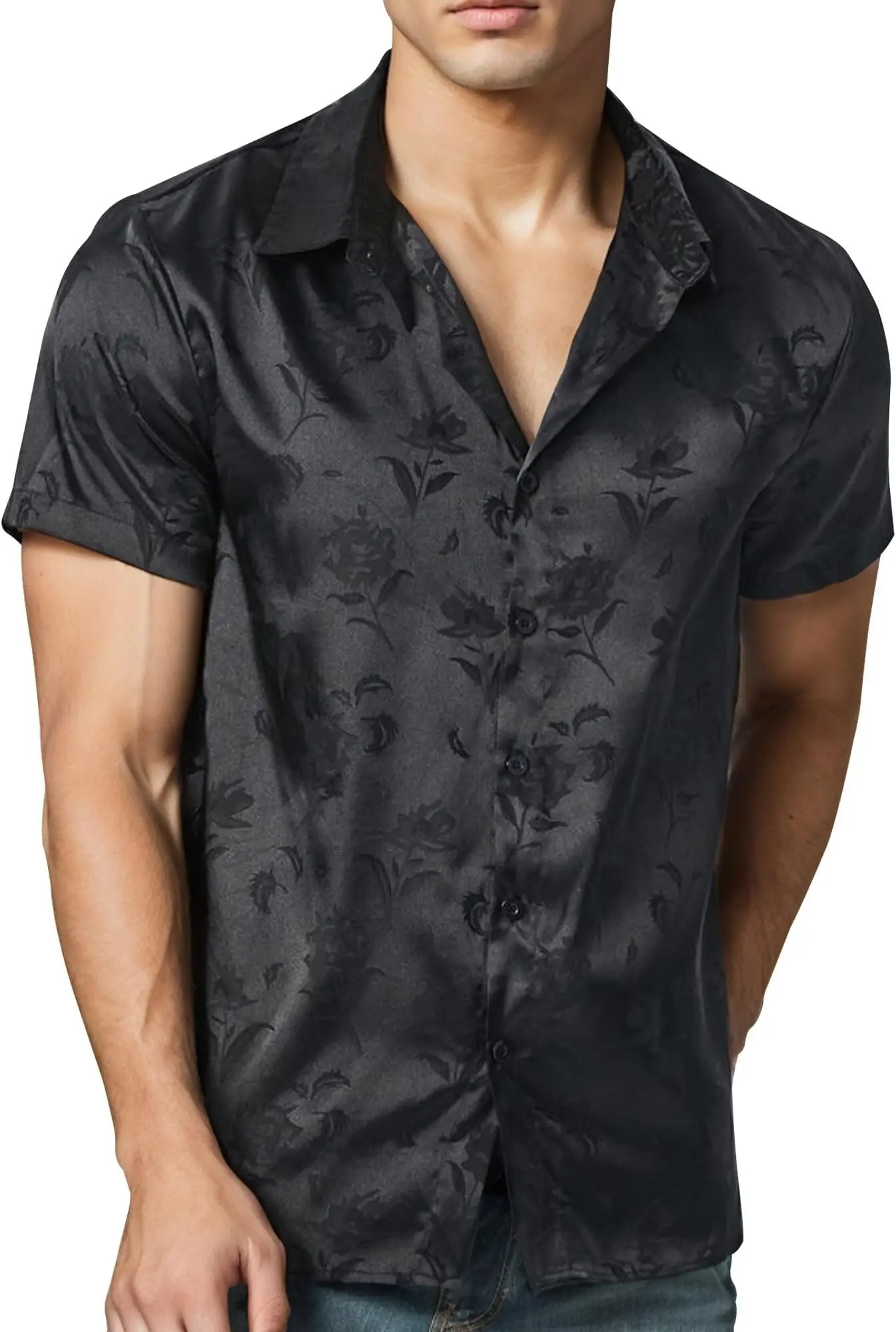 

Mens Silky Satin Dress Shirt Short Sleeve Floral Print Jacquard Button Up Shirt Summer Holiday Party Fashion Shirt