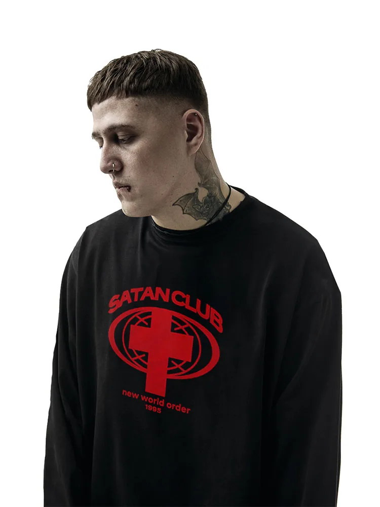 Men's T-Shirts Cotton Gothic Oversized Satan Club Long Sleeve Tops Tees Graphic Y2k Korean Fashion Vintage Streetwear Clothing