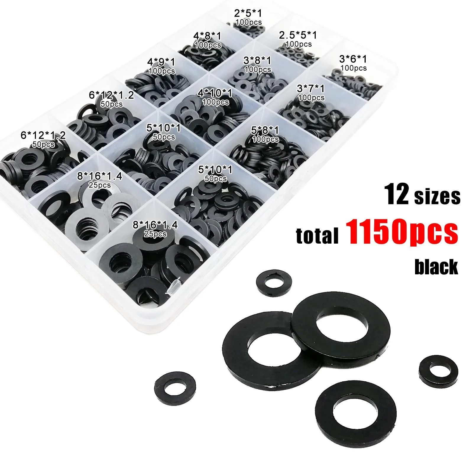 Total 475/1150pcs M2 M2.5 M3 M4 M5 M6 M8 White Black Plastic Nylon Flat Washer Plain Insulation Gasket Ring Assortment Kit Set