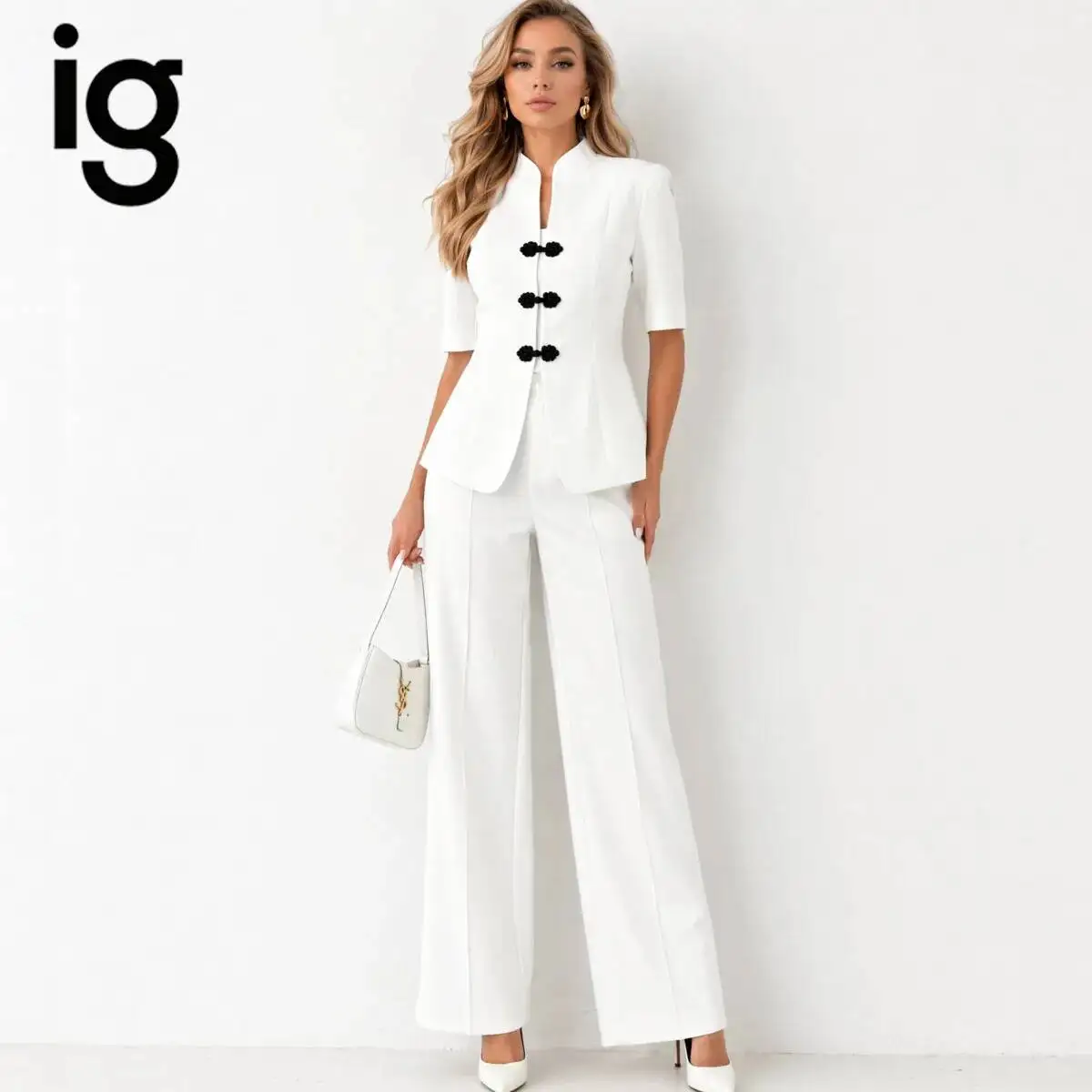 

IG 2026 Women's New Chinese Two Piece Suit, Mandarin Stand Collar Short Sleeve Frog Button Fitted Waist Blazer & High Waist