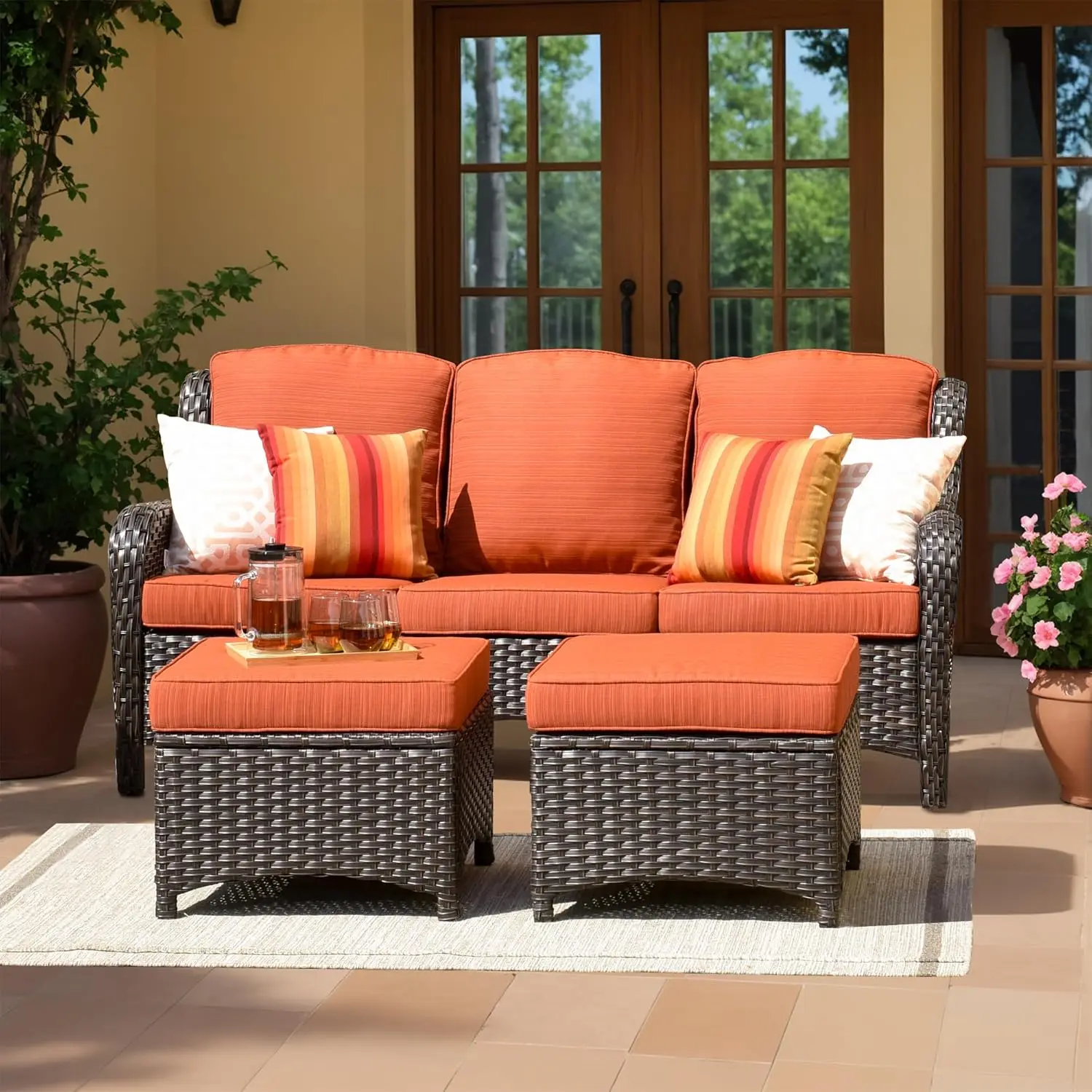 

3-Piece Patio Furniture Set Wicker Sofa & 2 Ottomans High Back Cushioned Porch Deck, Customized