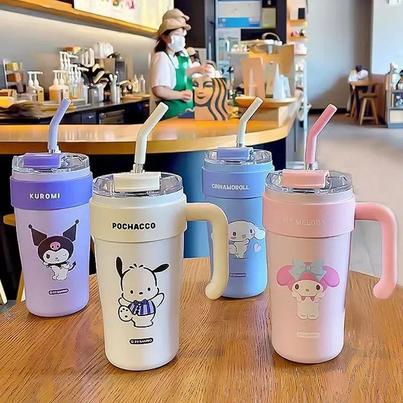 Kawaii Ins Sanrio My Melody Cinnamoroll Straw Thermos Cup Cute Kuromi Pochacco Cartoon Fashion Water Bottle Gifts for Girls