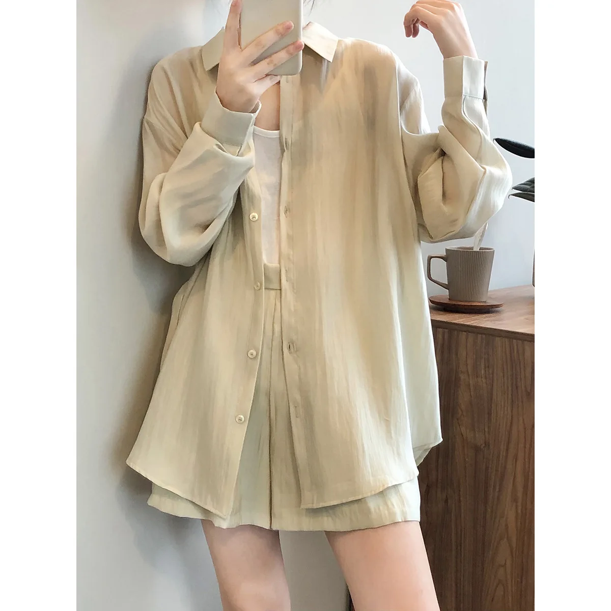 Summer Women Thin Pajama Set Long Sleeve Solid Ladies Oversize Sleepwear 2 Pcs with Shorts Single Breasted Loose Homewear Female