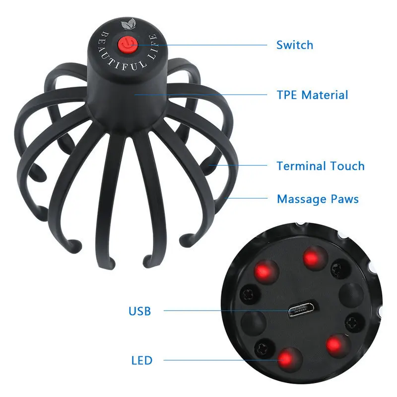 Multi-claw Electric Massager Head Scalp Kneading Massager Octopus Electric Head Massage Claw Household Portable And Comfortable