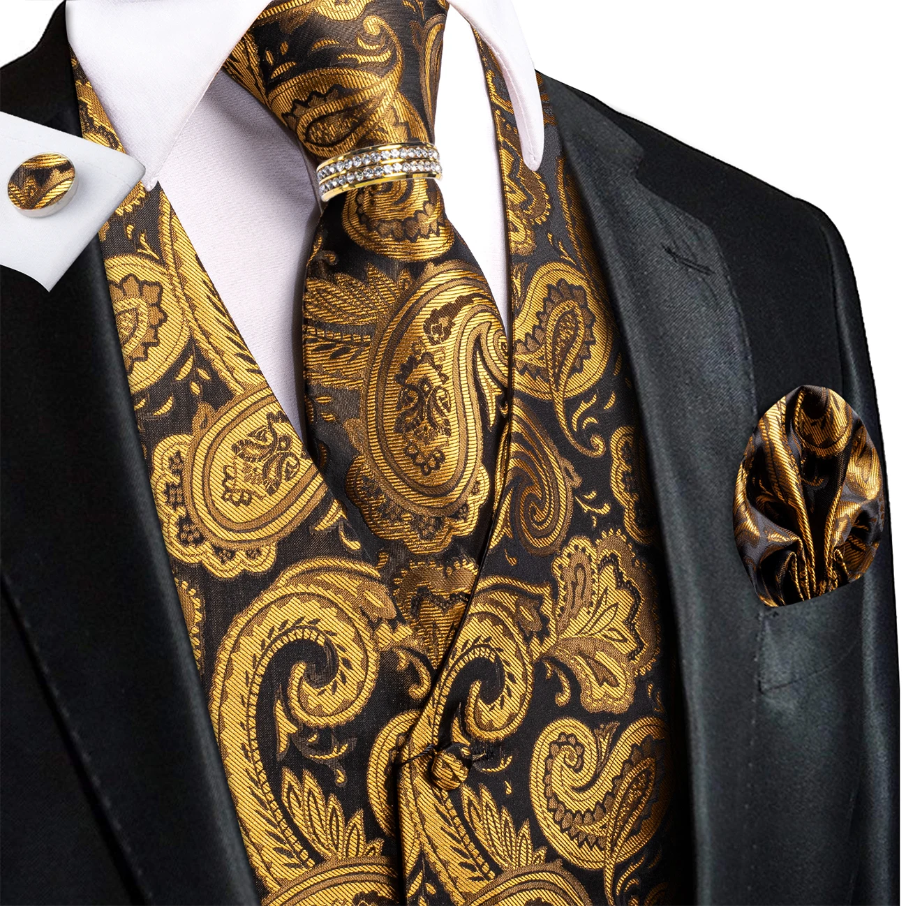Black Golden Paisley V-Neck Vest 5Pcs Outfit Tie Pocket Square Cufflinks Ring For New Year Ceremony