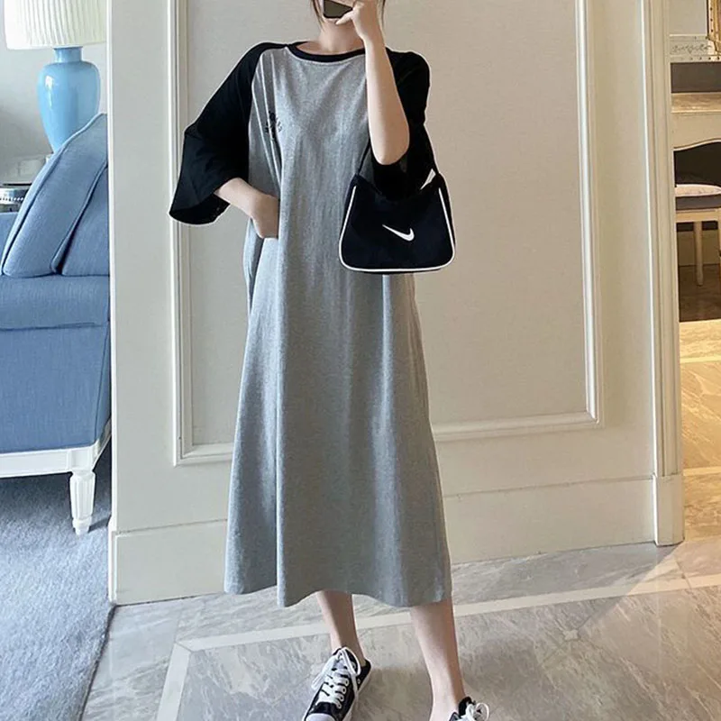 Big Size Young Style Summer Women's Clothing Pullover Dress Midi Loose Korean Round Neck Patchwork Panelled Raglan Tshirt Dress