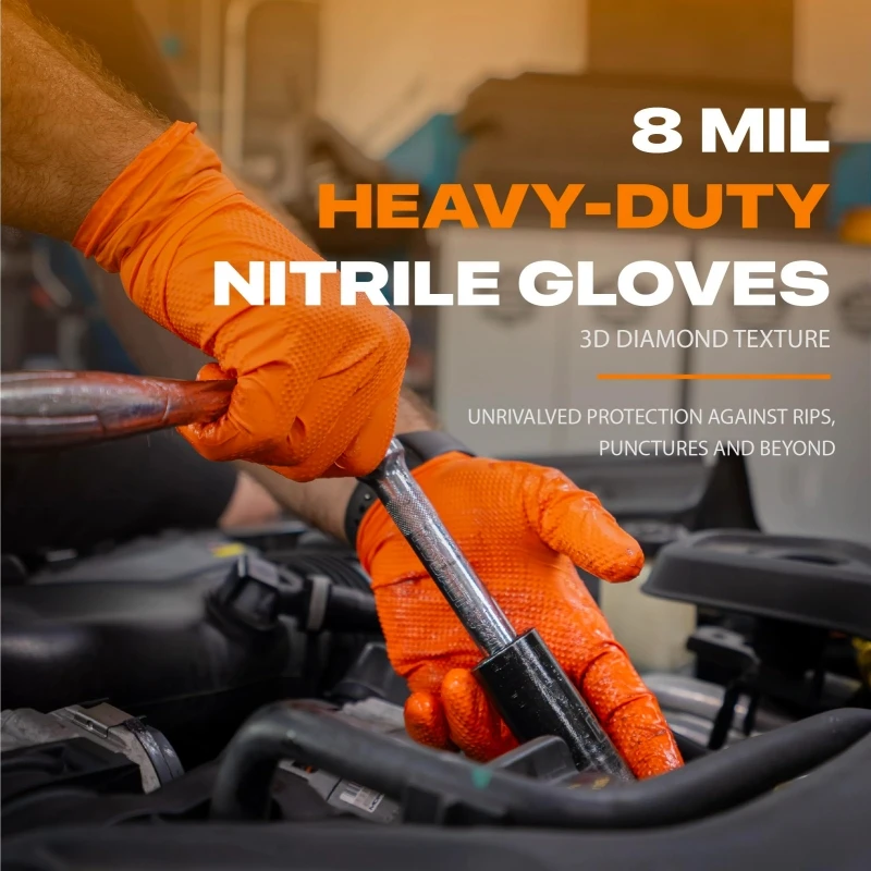 8Mil Heavy Duty Orange Nitrile Gloves Disposable Diamond Texture Grip Safety Work Gloves for Mechanic Cleaning Industrial Gloves