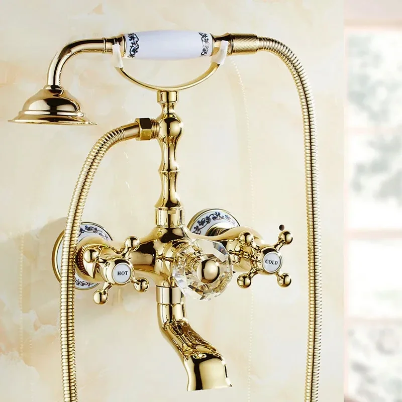 Bathtub Faucets Luxury Crystal Gold Bathroom Faucet Mixer Tap Wall Mounted Hand Held Telephone Type Shower Faucet Sets