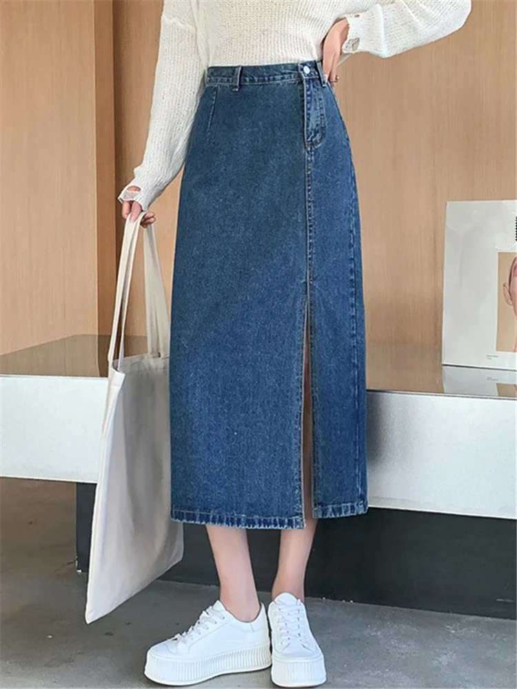 تنورات دينم بفتحة جانبية عالية الخصر للنساء ، تنورات رعاة البقر ، جينز أزرق عتيق للنساء ، جديد ، الربيع والصيف ، #4