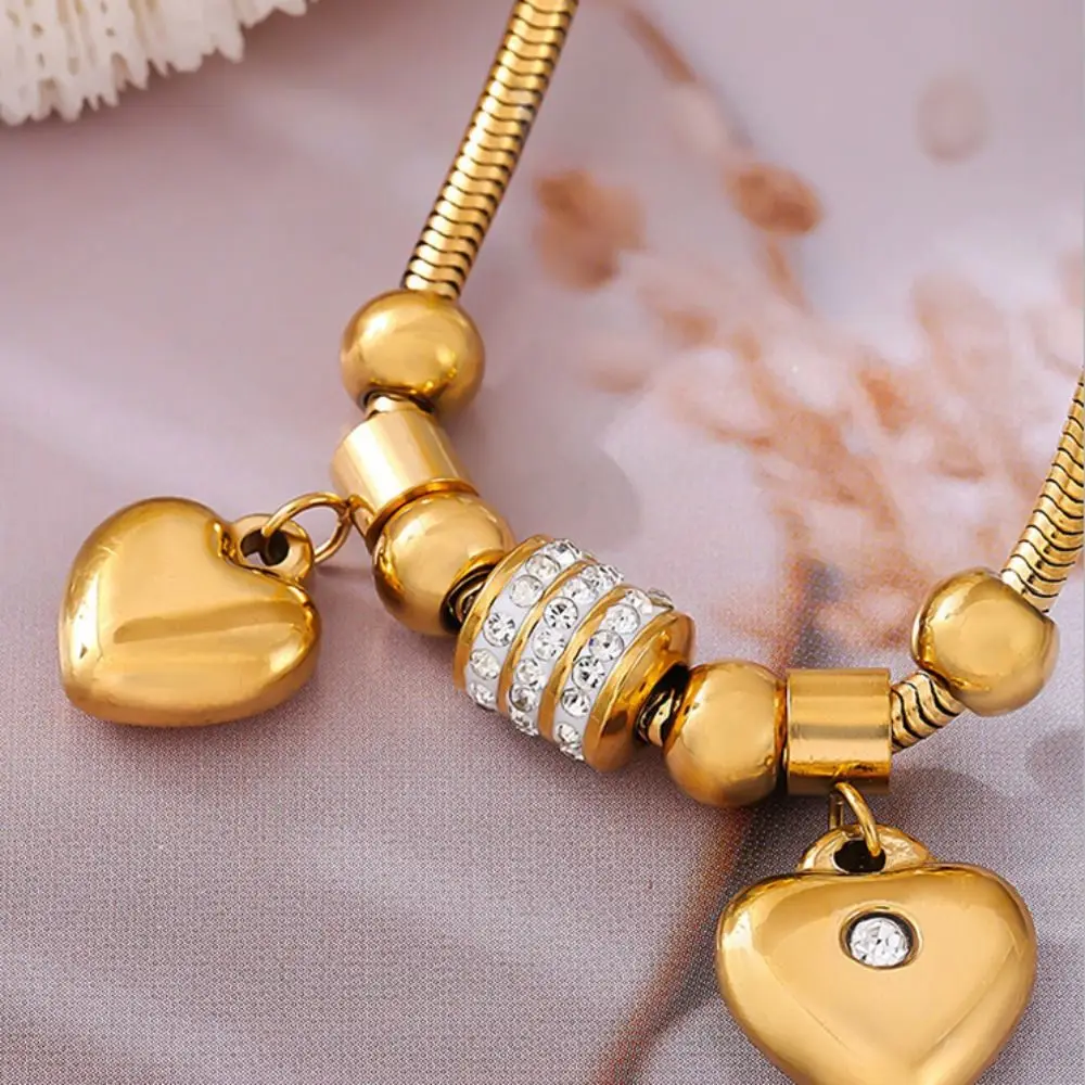 Ins Bead Heart Pendant Bracelet Waterproof Rhinestone Women Hand Ring Stainless Steel Golden Ornament