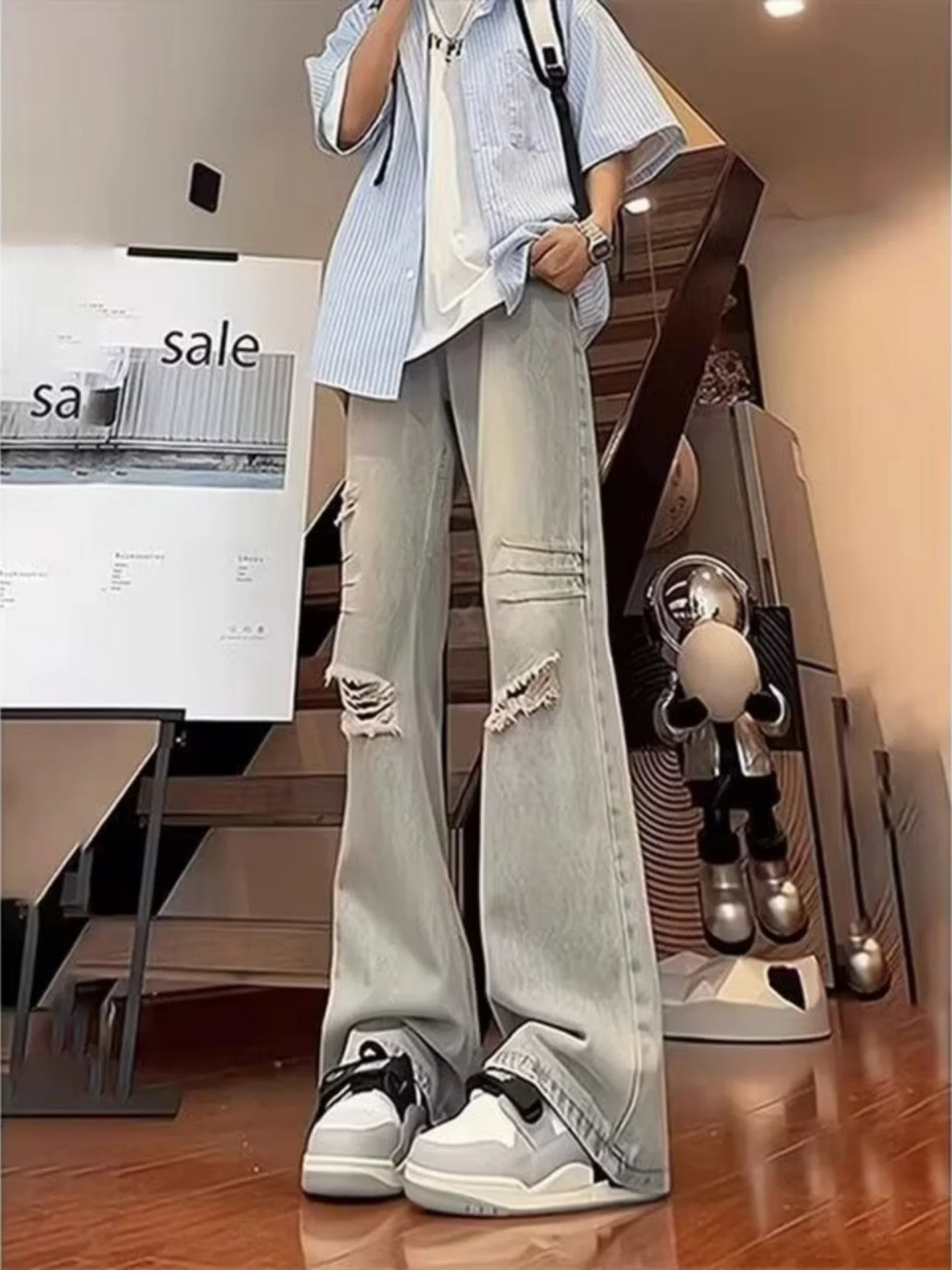 Retro Blue Men's Jeans High Street Vibe Straight Leg Slimming Trousers Trendy Brand Cool Micro Flared Pants Casual Washed Denim