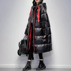 Black Glossy 90%White duck down Jacket Women's 2024 Winter New Korean Ladies Hooded Down Coats Thicken Long Parkas Overcoat