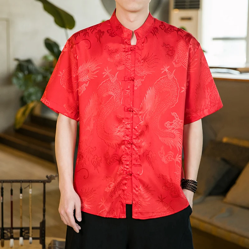 Men Shirt Mandarin Collar Short Sleeve Summer Oversize 5XL Plus Size Men Formal Black White Red Chinese New Year Clothing Retro