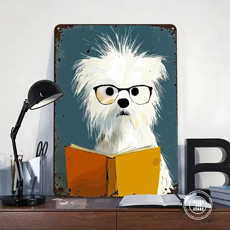 Dog Wearing Glasses Reading a Book Poster Customized Vintage Metal Signs Wall Art Retro Tin Plaque for House Decor Room Man Cave