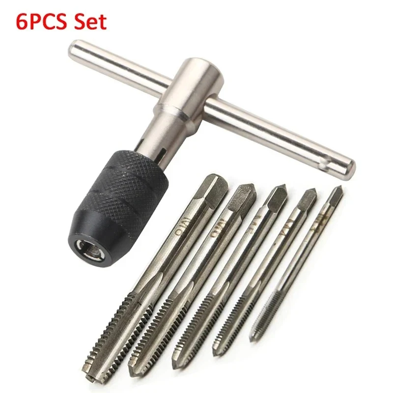 Chave de Rosca Tipo T 6 em 1 com Catraca, Suporte Ajustável em Formato T para Rosqueamento, Ferramenta de Rosca Métrica para Parafusos M3-M8