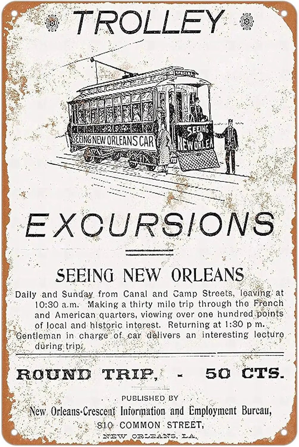 KENSILO Metal Sign New Orleans Trolley Excursions Vintage Tin Signs Wall Decor Art