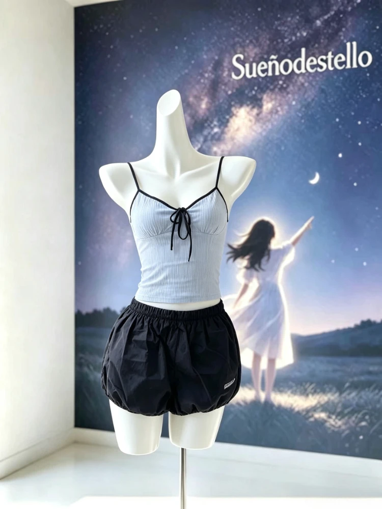 Sweet Y2K Coquette 2 Piece Set Women Blue Striped Bow Tie Crop Top Low Waist Bubble Hem Mini Skirt Slim Fit Casual Outfit 2026