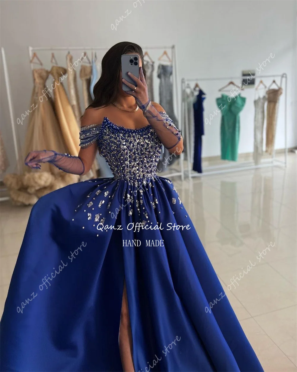 Qanz Elegant Evening Dresses Luxury Off the Shoulder Prom Dresses No Gloves Royal Blue Satin Slit Vestidos De Noche Customized