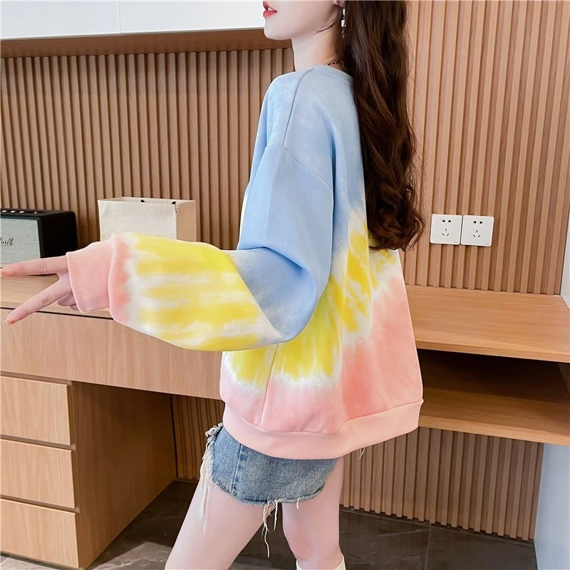 التعادل صبغ التدرج الإناث البلوز الأعلى لطيف اللون 90s خمر الكورية موضة البلوز الأساسية الجولة الرقبة المرأة بلوزات