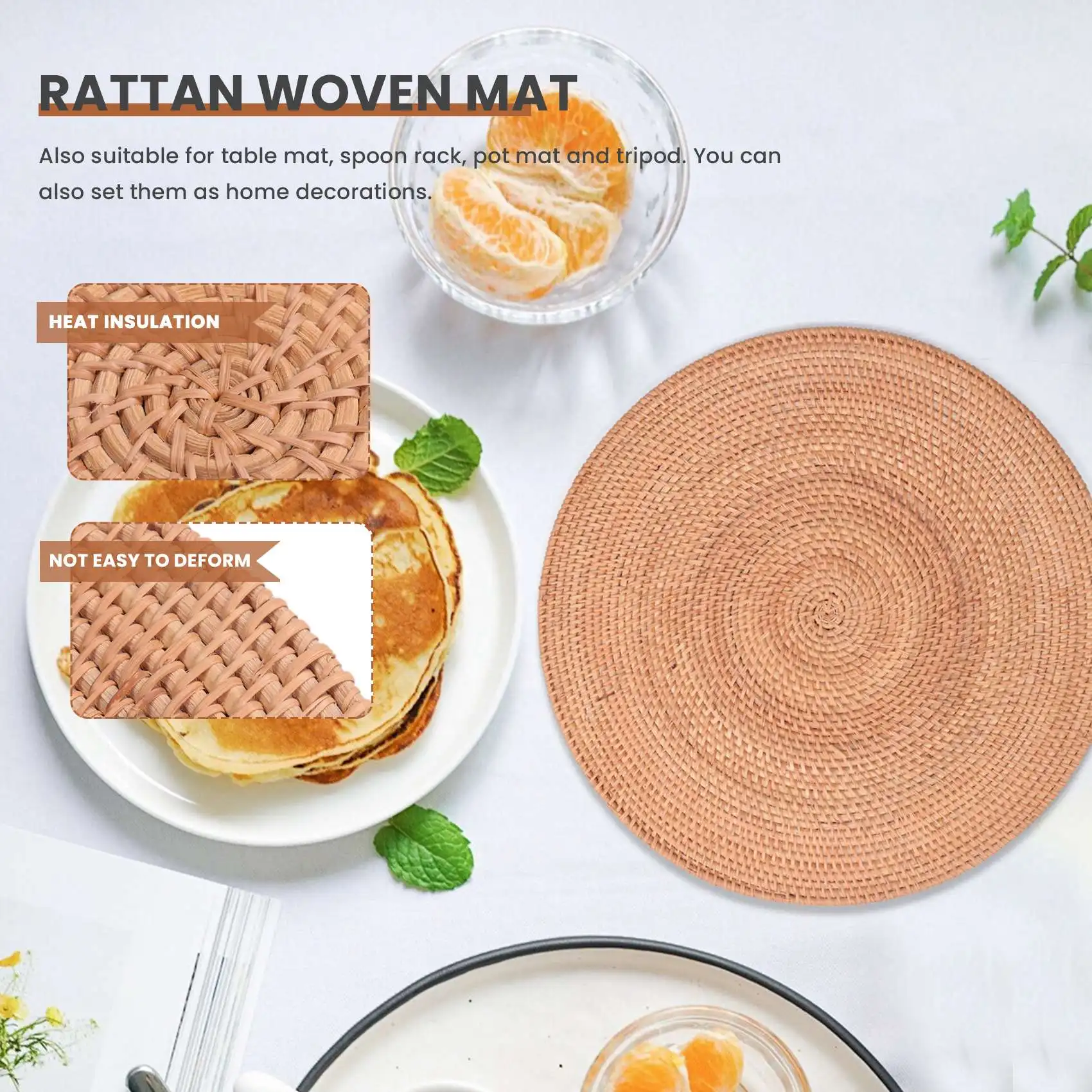 New Rattan Woven Placemats,Table Mats,Non Slip Heat Place Mat,Wicker Placemat,Trivets for Hot Dishes Round,40cm