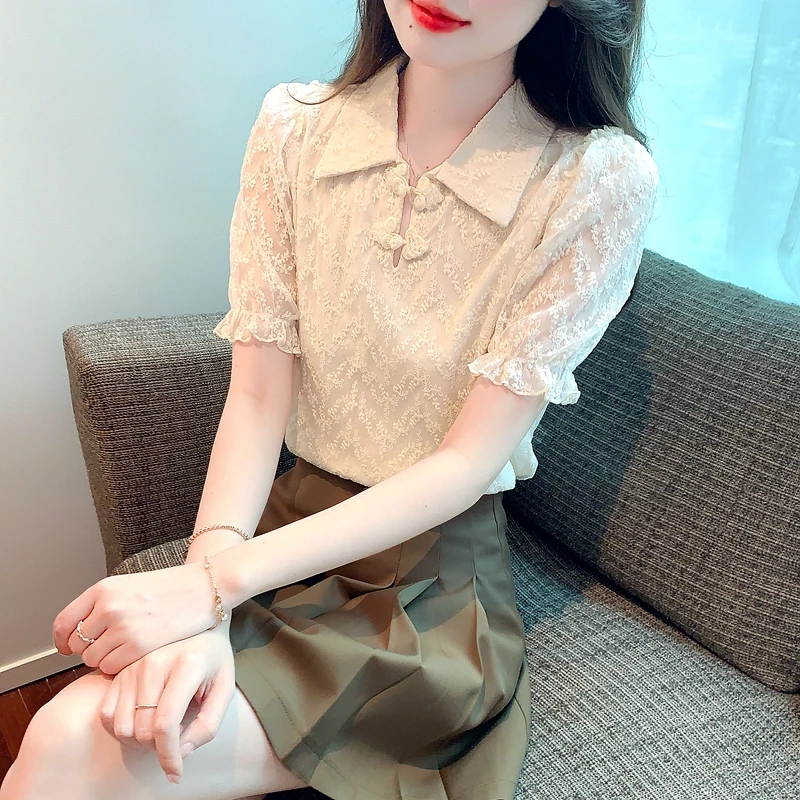 Puff Sleeve Lace Blusa Top for Women Summer Short Sleeve Blouse Korean Style Fashion New Shirt