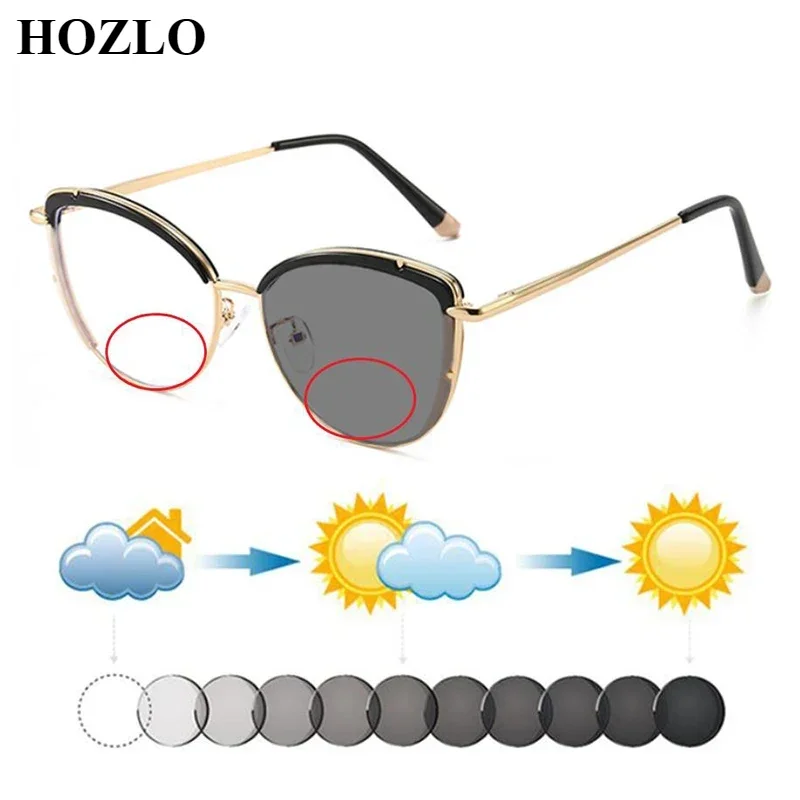 New Women Cat Eye Photochromic Bifocals Reading Sunglasses Ladies Fashion Elasticity Legs Hyperopia Spectacles Look Near Far