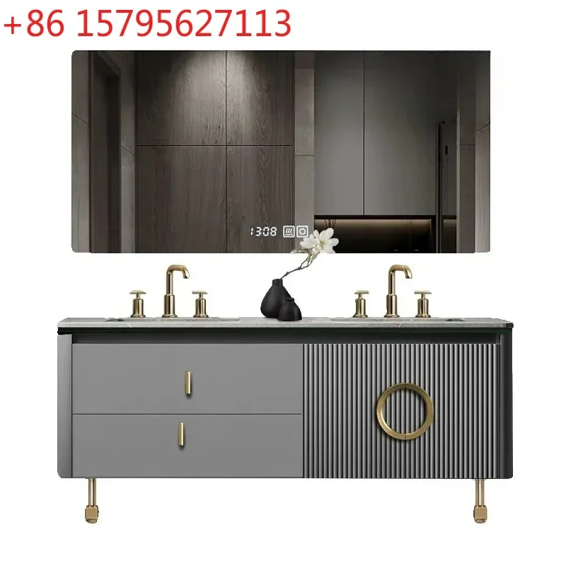 

Hot bending light luxury modern rock slab seamless ceramic integrated basin bathroom cabinet combination bathroom oak washstand