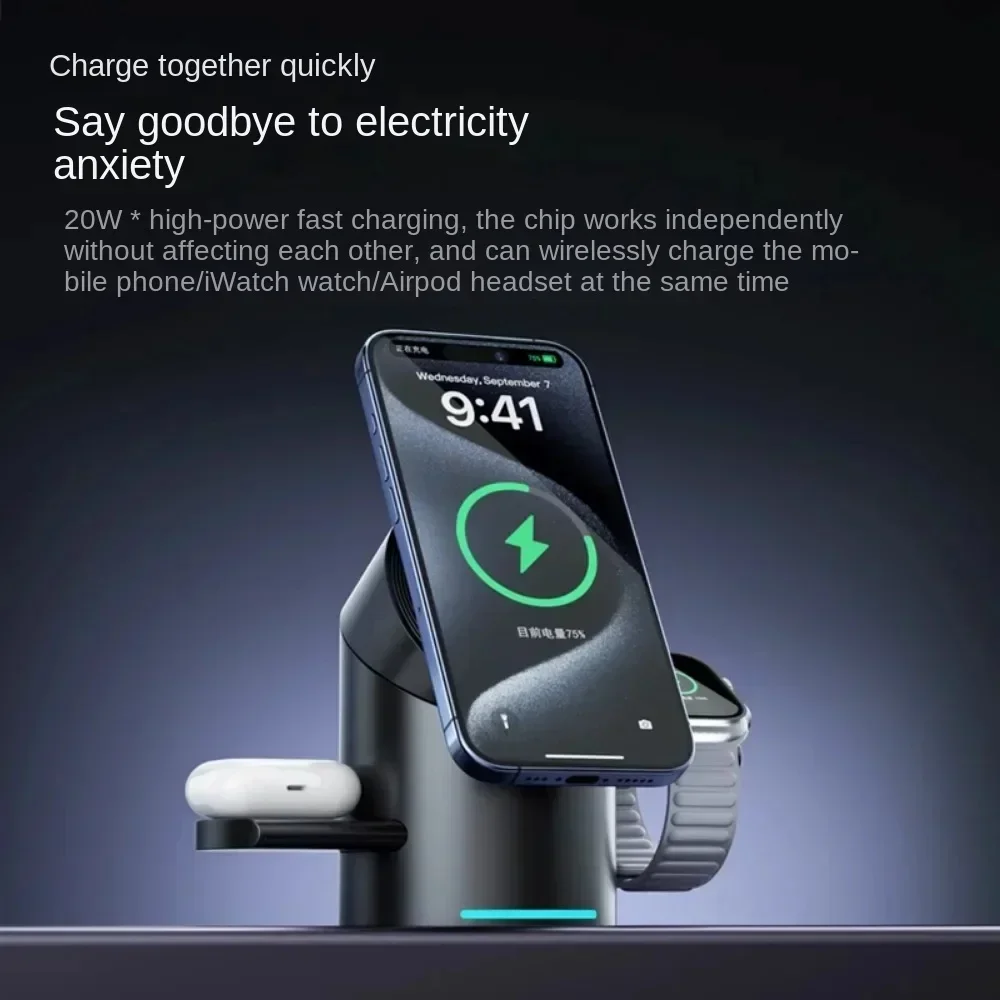 MOYI Qi2 3in1 Wireless Fast Charger Magnetic Quick Charging Dock Power Station fit 20W for iPhone 16/15/14 Magsafe Watch Airpod