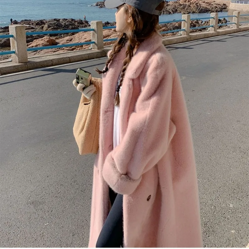 Solid Color Pink Apricot Soft Lazy Thicker Elegant Temperament Hepburn Ladies Trendy Wool Coat Straight Blends for Women Warm