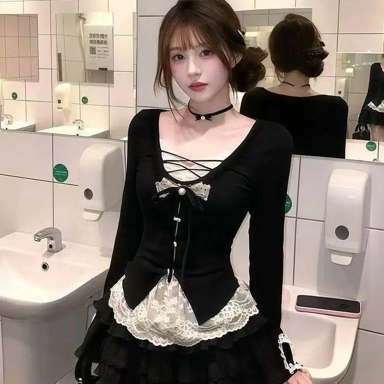 Mulher camiseta vintage manga alargamento t 2025 outono moda coreana y2k colheita topos arco todos os jogos sólido elegante renda camiseta