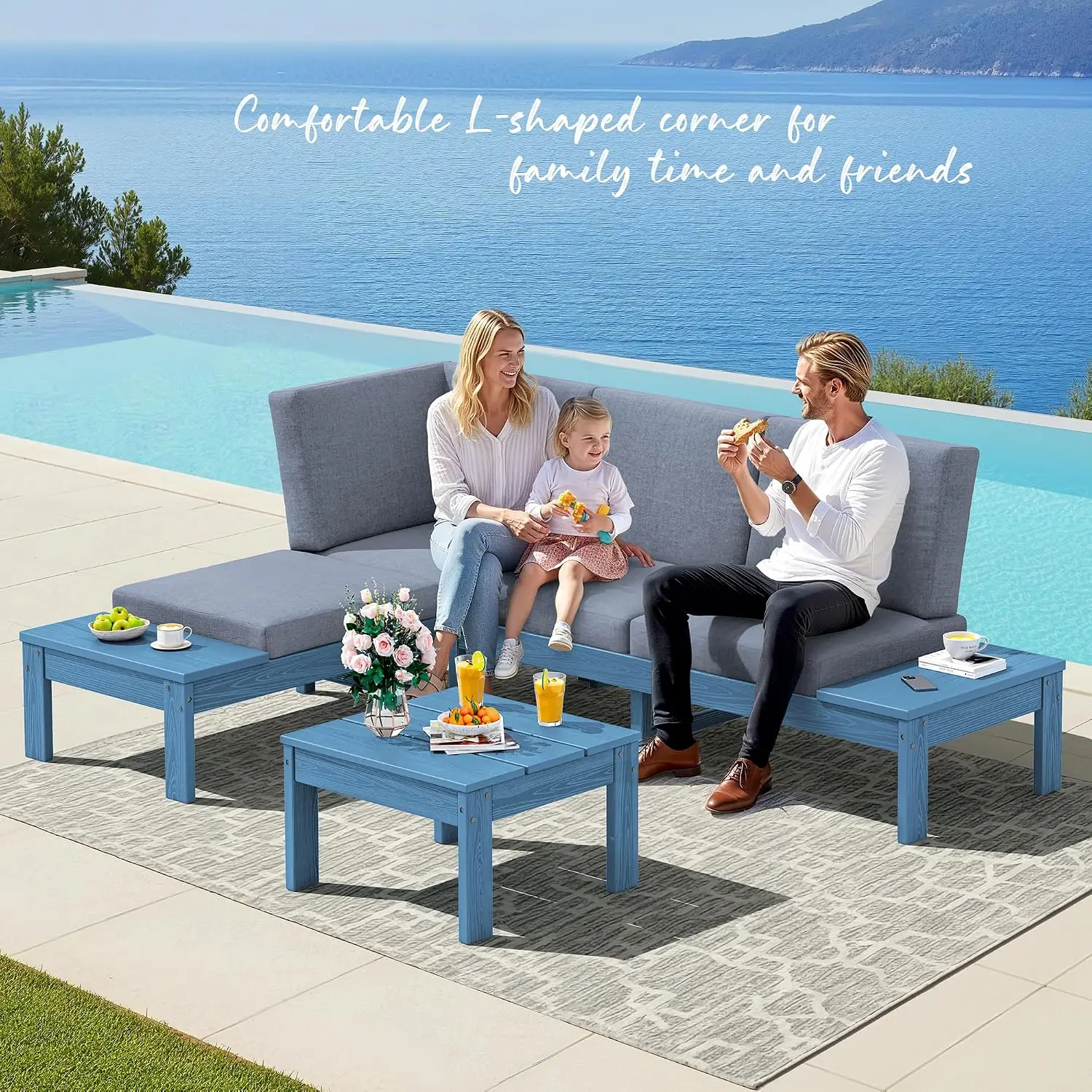 HDPE 4-Seat Sectional Sofa, Adjustable Backrest All-Weather Patio Furniture with Coffee Table Garden Backyard, Customized