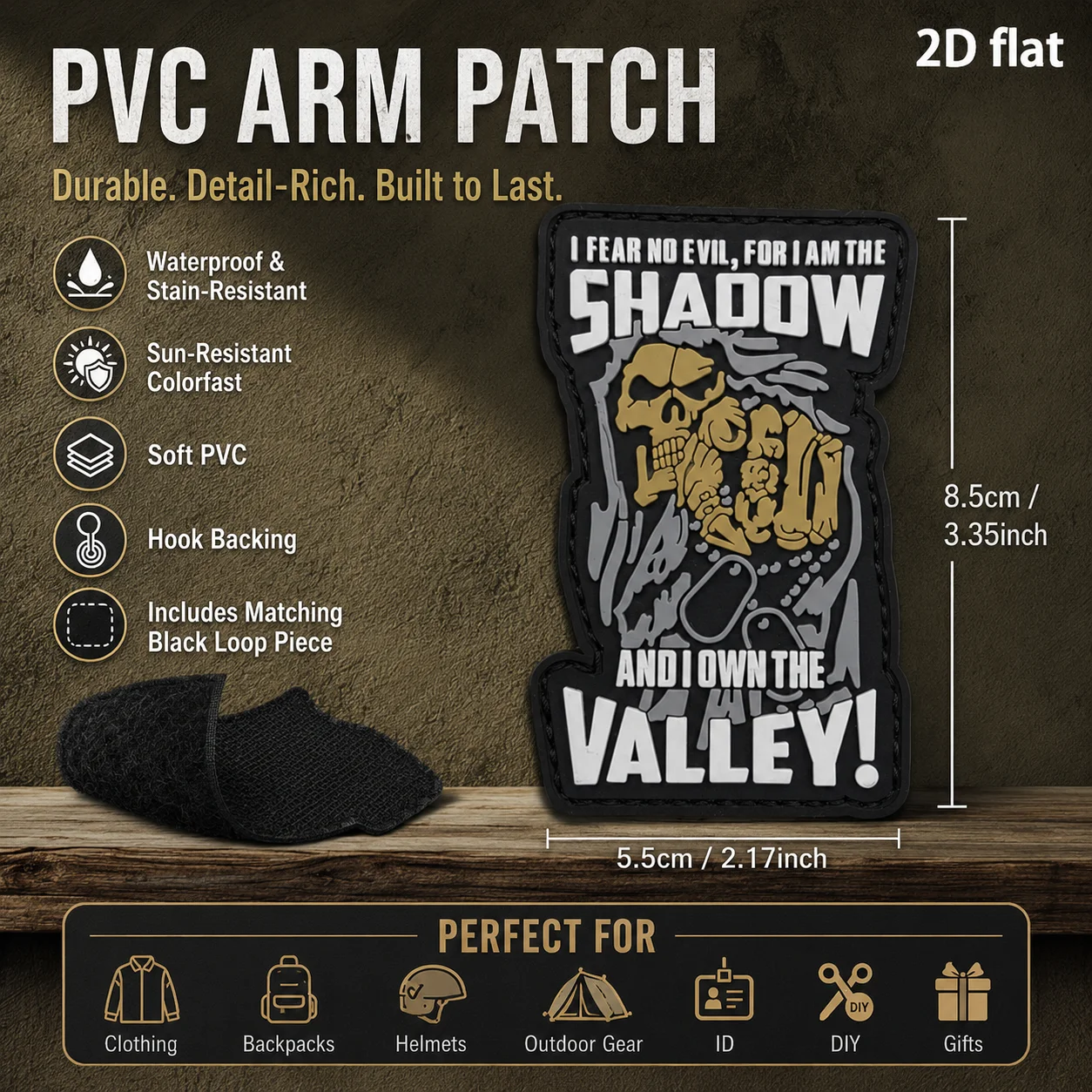 Black Gold Skull English Slogan Rectangular Logo Badge, 2D Flat Pvc Material, Magic Tape Patch, Free Backing Material, Optional Sizes, 1Pc/2Pcs/3Pcs, Layered 3D Embossed Edge, Not Easy to Come Off, Functional Jacket Personalized Versatile Decoration