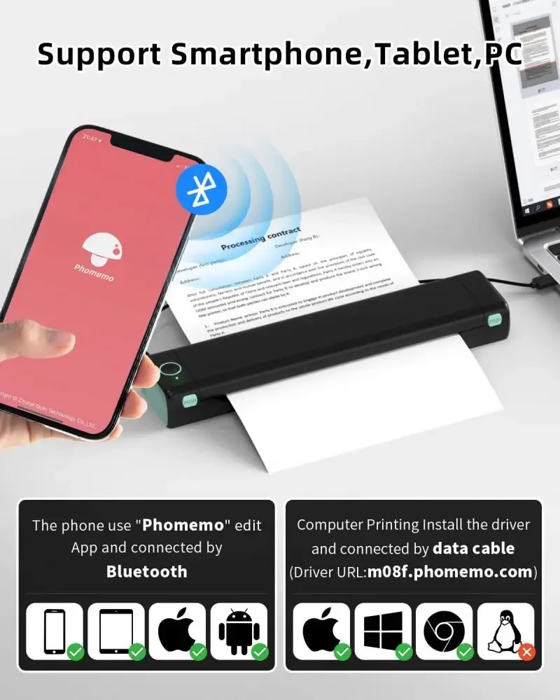 blue tooth contract Phomemo M08F A4 thermal portable printer wireless inkless compact for outside working use