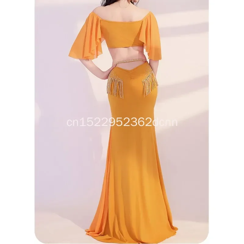 Costume de danse du ventre personnalisé, ensemble de danse du ventre, robe longue d'entraînement à pampilles, robe de spectacle de danse pour femmes, vêtements de danse du ventre