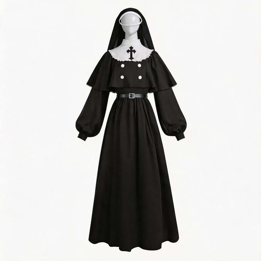 Klassisches Nonnen-Cosplay-Kostüm für Damen, Kirchen-Thema, Ballonärmel, Spitzenkragen, Umhang, Schleier, Kleidung für Halloween, Karneval, Faschingskostüm – Detail 4