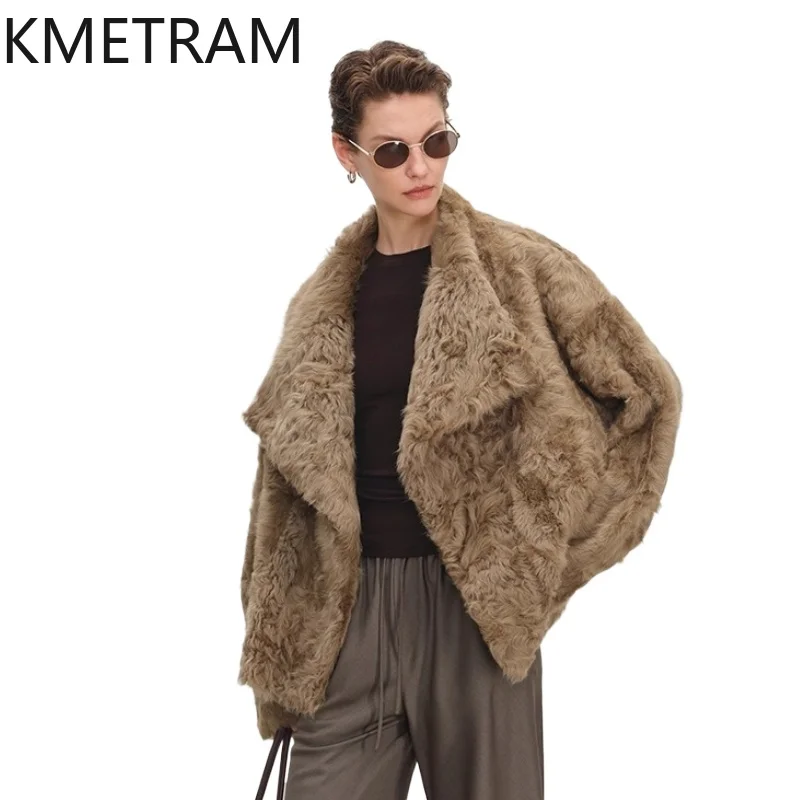 내추럴 샤오후 양털 양피 양면 퍼 재킷 여성 라펠 리얼 퍼 코트 2025 겨울 의류 럭셔리 퍼리 재킷