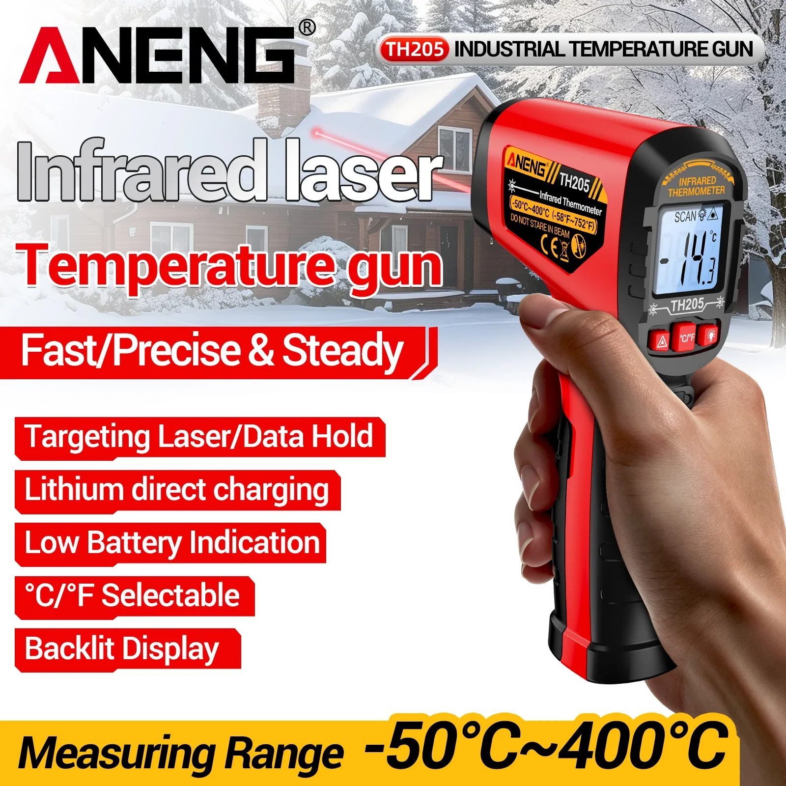 Digital Infrared Laser Thermometer Gun Rechargeable Non-contact Tester ANENG TH205 High Precision -50~400°C Industrial Grade Too