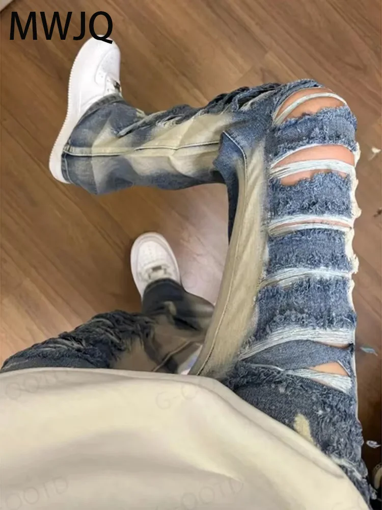 

MWJQ Cleanfit Hiphop Y2K Hole Jeans Men's High Street Rough Edge Mill White Washed Straight Leg Pants Denim Trouser Tide 010352