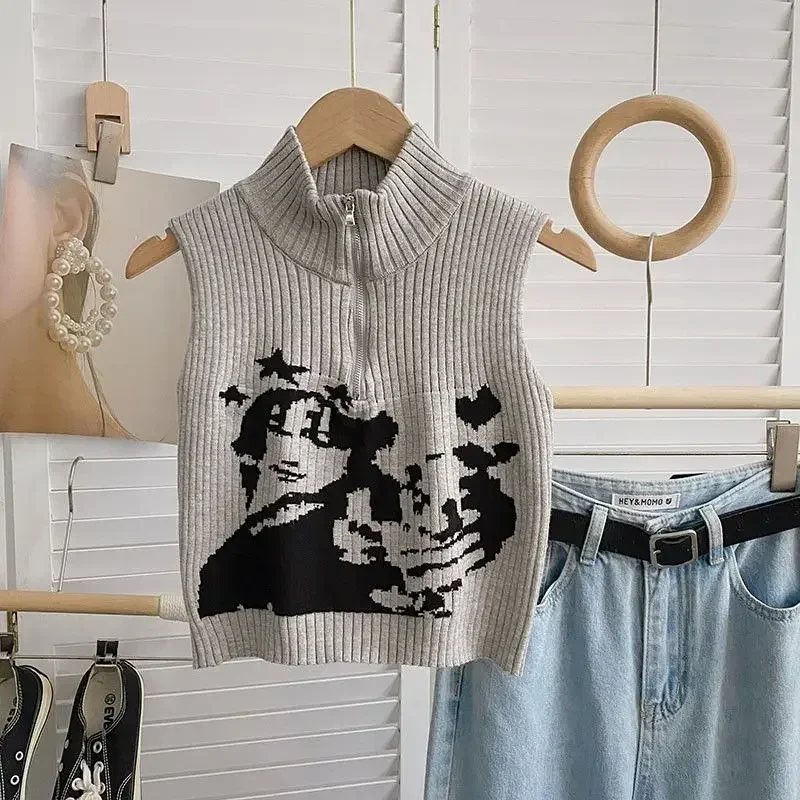 

French Retro Knitted Camisole Women's Summer Gray Printed Zipper Vest Design Sense High Neck Short Top For Outdoor Hop Wear